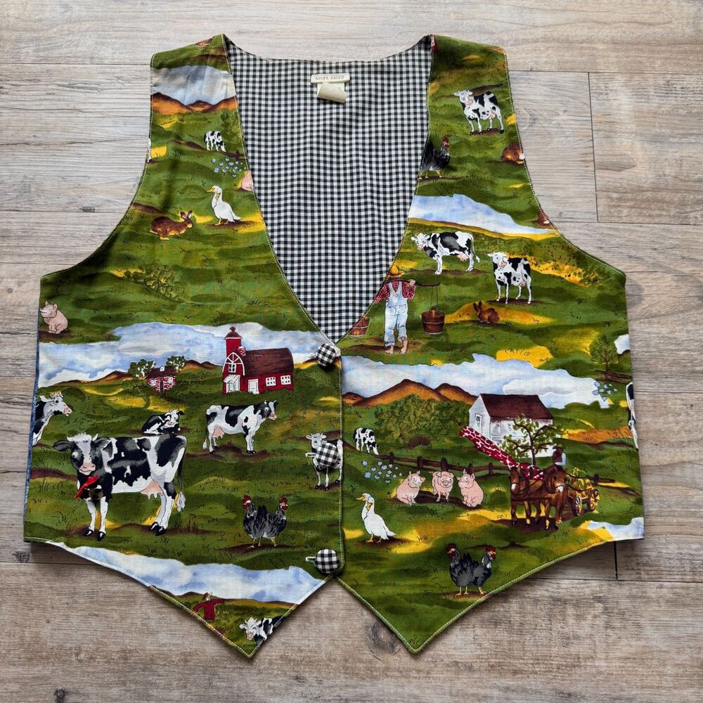 Nita’s Rags Farm Scene Vest Made in USA Medium Unique Statement Handmade